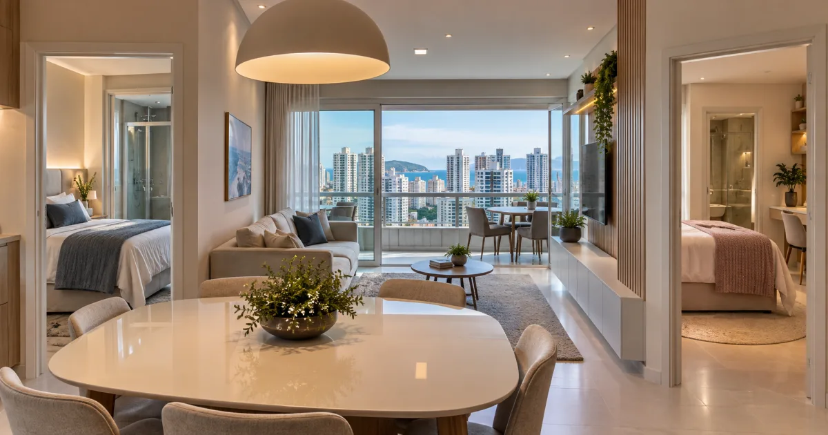 Interior de apartamento em Itapema com sala integrada, vista urbana
