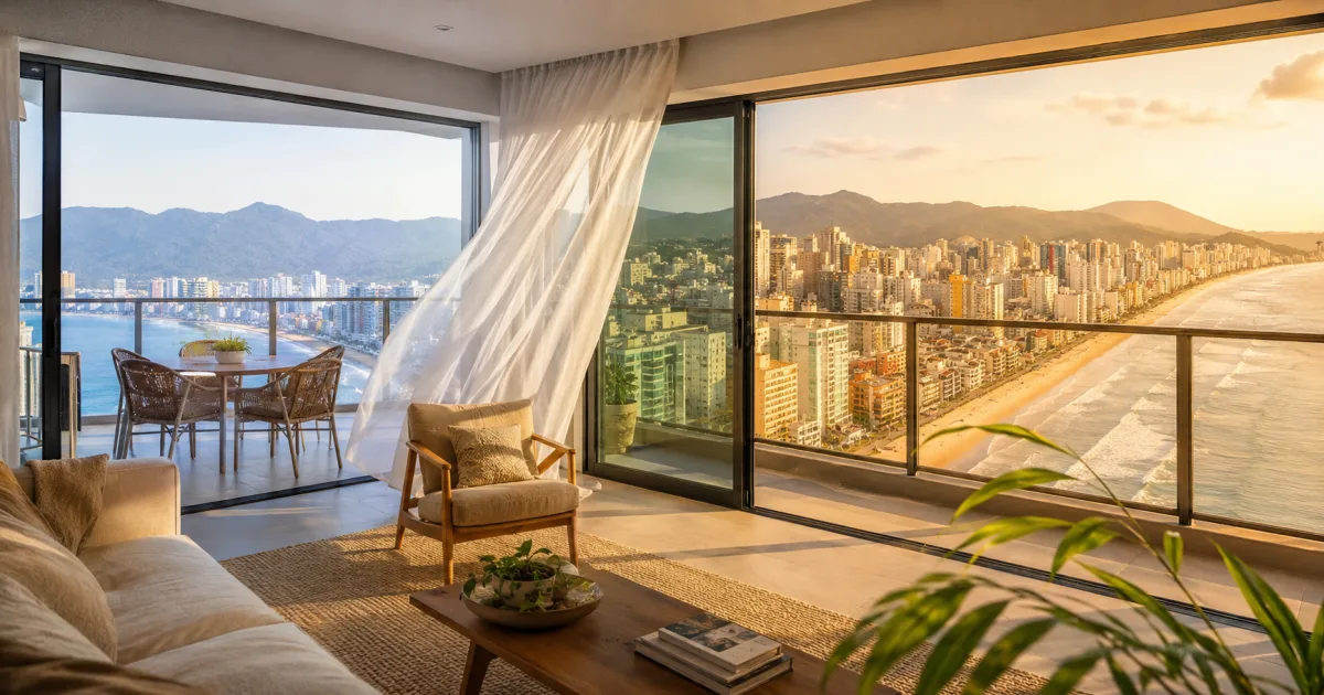 Casal compara imóveis e localização em um apartamento do litoral